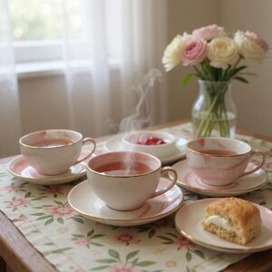Tea Cup and Saucer‎ Set Pink Marble Gold Trim Coffee Cup Espresso Set Tea Party
